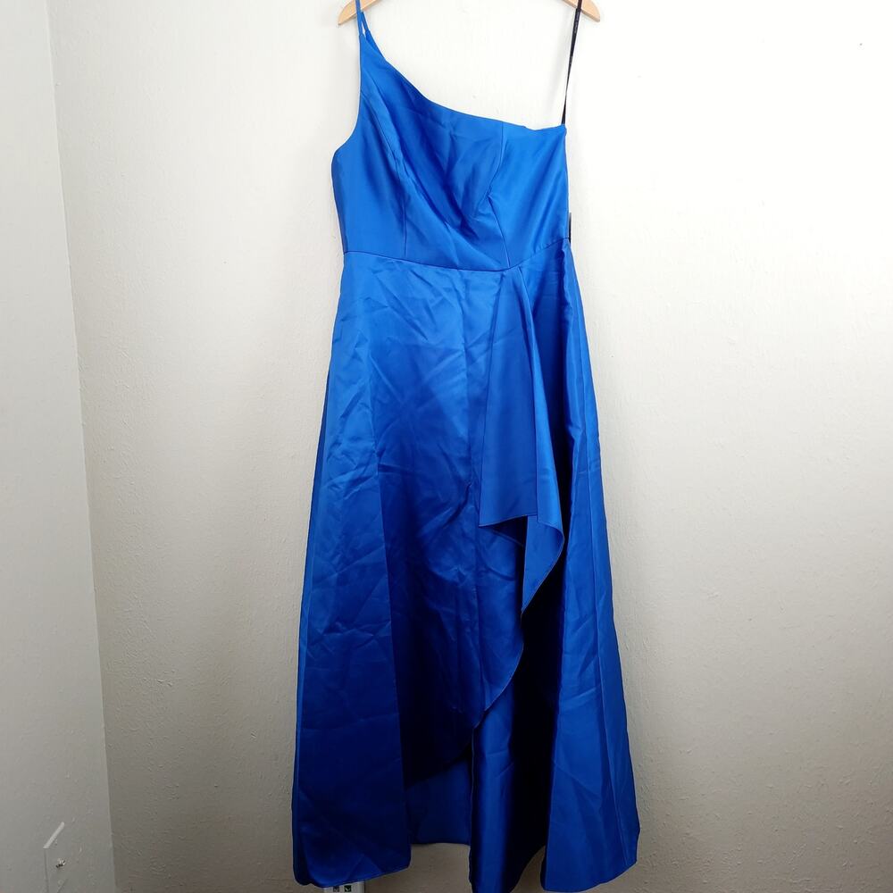 Alfred Sung One Shoulder High Low Satin Gown Classic Blue NWT Size 14 D831 Gown - Picture 4 of 13